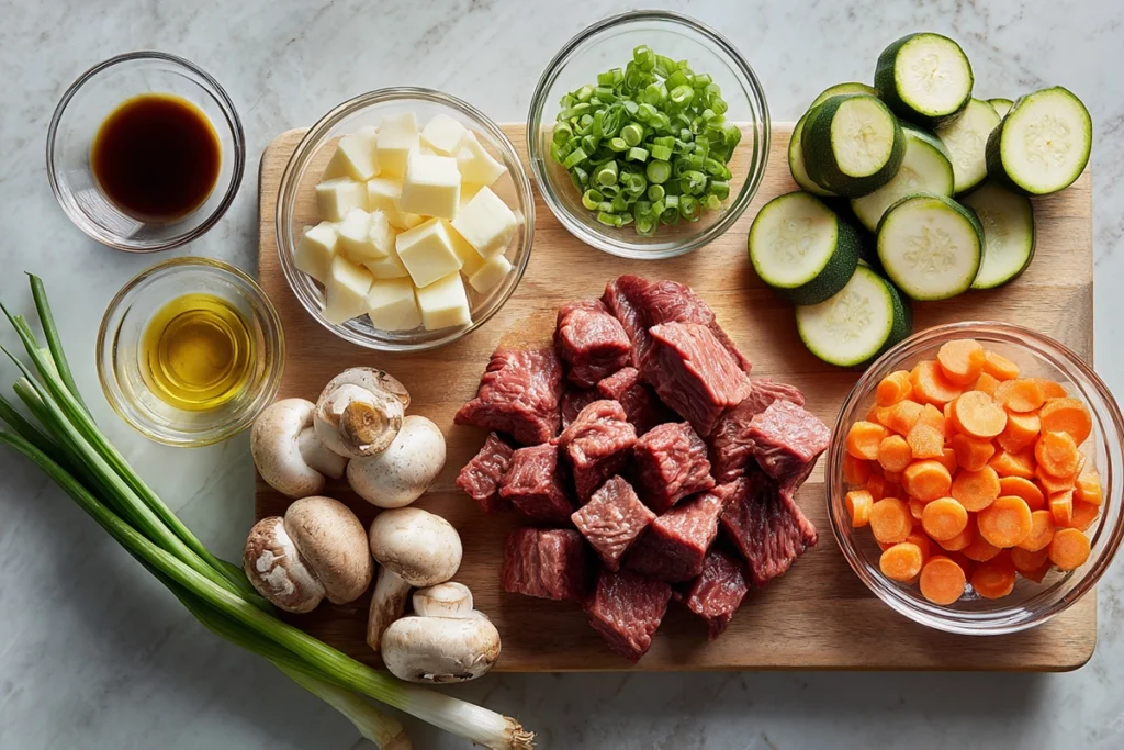 overhead shot of hibachi steak bowl ingredients arranged on wooden board in bright kitchen