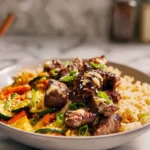 photorealistic hibachi steak bowls plated on marble counter in modern kitchen