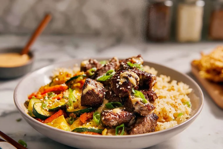 photorealistic hibachi steak bowls plated on marble counter in modern kitchen