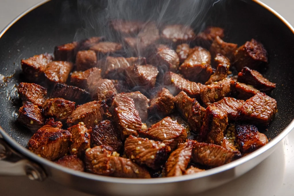 close-up of hibachi steak cubes searing in butter inside modern skillet under natural daylight