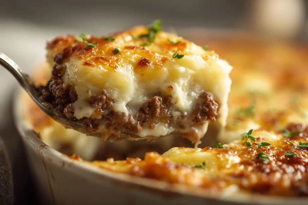 plated serving of hobo casserole ground beef potatoes with parsley garnish and side salad