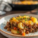 hobo casserole ground beef potatoes hero shot with melted cheese and fresh parsley