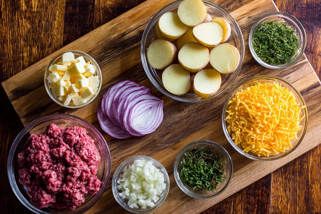 ingredients for hobo casserole ground beef potatoes including beef, potatoes, cheese, garlic, and onions