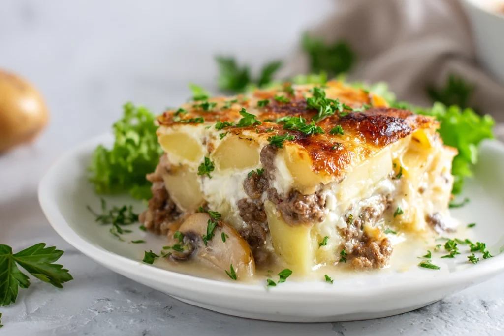 hobo casserole ground beef potatoes plated serving