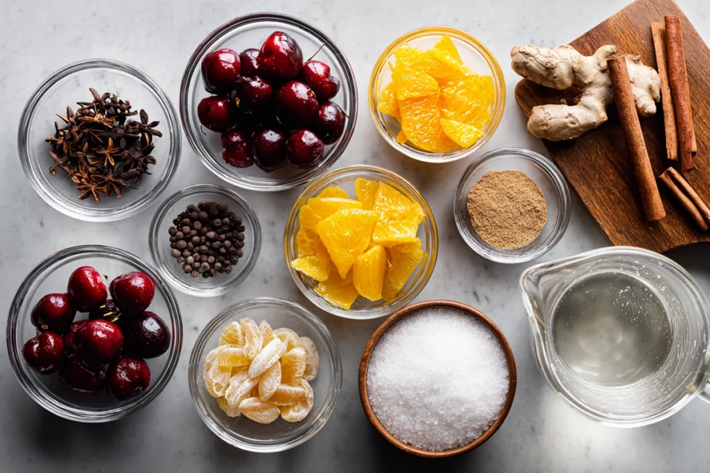 Overhead shot of Homemade Dr. Pepper ingredients arranged on glass bowls and boards