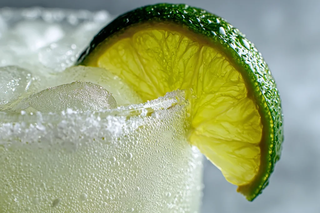 close-up of homemade electrolyte drink with lime and condensation