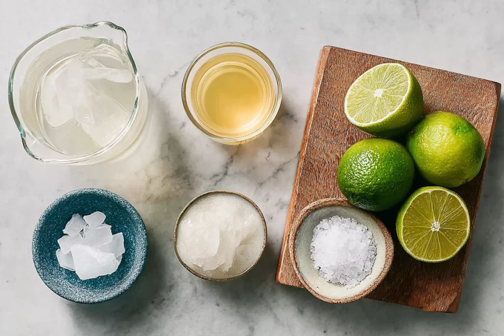 ingredients for homemade electrolyte drink including lime, coconut water, and sea salt