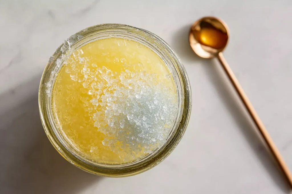 mixing ingredients for homemade electrolyte drink in glass jar