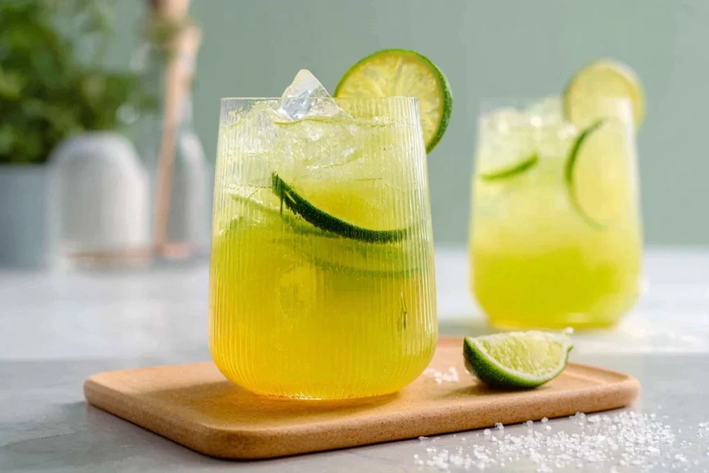 serving homemade electrolyte drink in glass with lime and sea salt garnish
