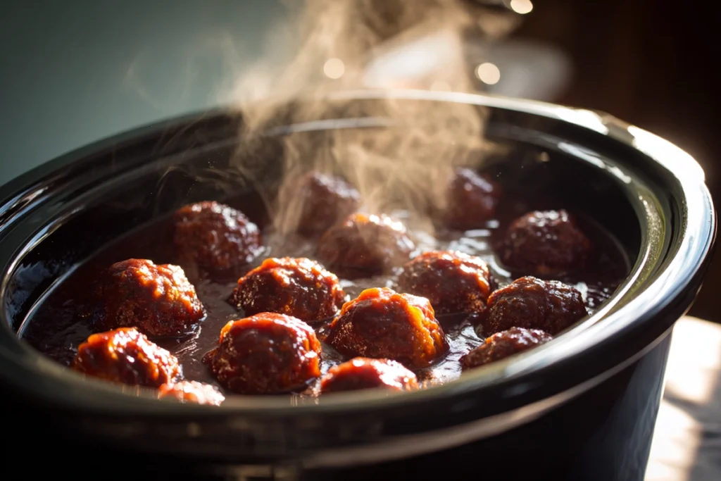 Slow-cooked Honey BBQ Crockpot Meatballs in a slow cooker, with glossy sauce and steam rising.