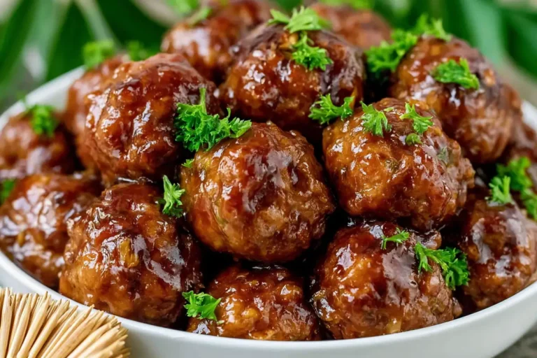 Mohamed Ayad's Honey BBQ Crockpot Meatballs Recipe served with parsley in a cream ceramic bowl