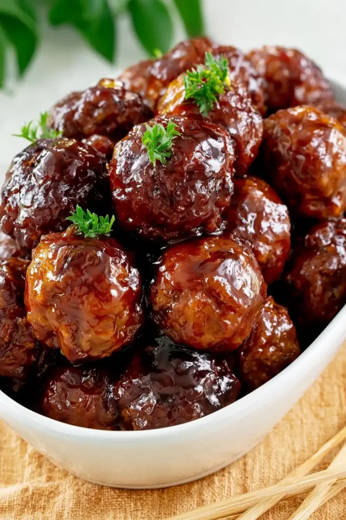 Honey BBQ Crockpot Meatballs for an Easy Party Appetizer 4 Close-up of Honey BBQ Crockpot Meatballs covered in a thick glossy barbecue sauce