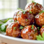 Honey BBQ Crockpot Meatballs on a white plate with parsley garnish and glossy sauce, captured in a modern kitchen.