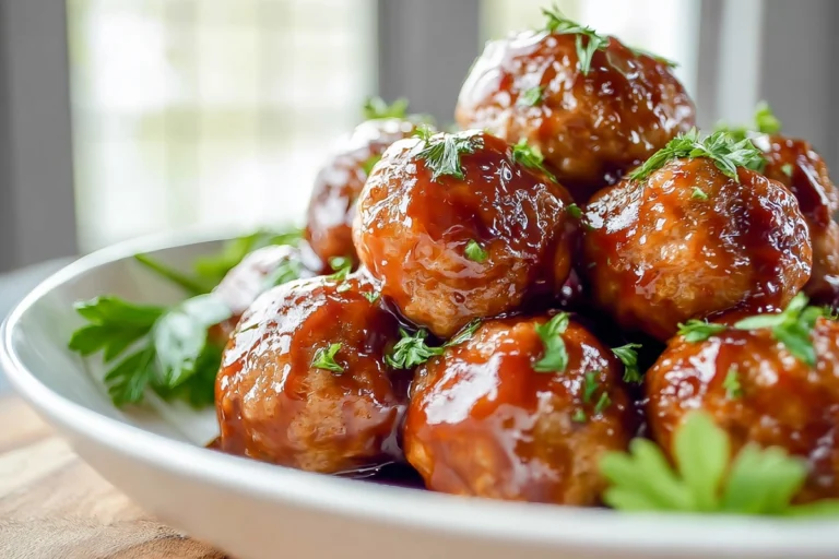 Honey BBQ Crockpot Meatballs on a white plate with parsley garnish and glossy sauce, captured in a modern kitchen.
