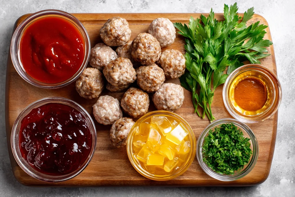 Fresh ingredients for Honey BBQ Crockpot Meatballs laid out in bowls and on a wooden board in a modern kitchen setting.