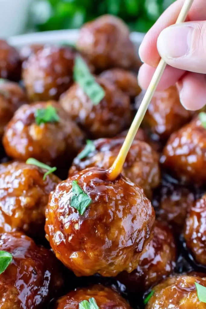 Honey BBQ Crockpot Meatballs for an Easy Party Appetizer 6 Honey BBQ Crockpot Meatballs arranged as an easy party appetizer with serving picks