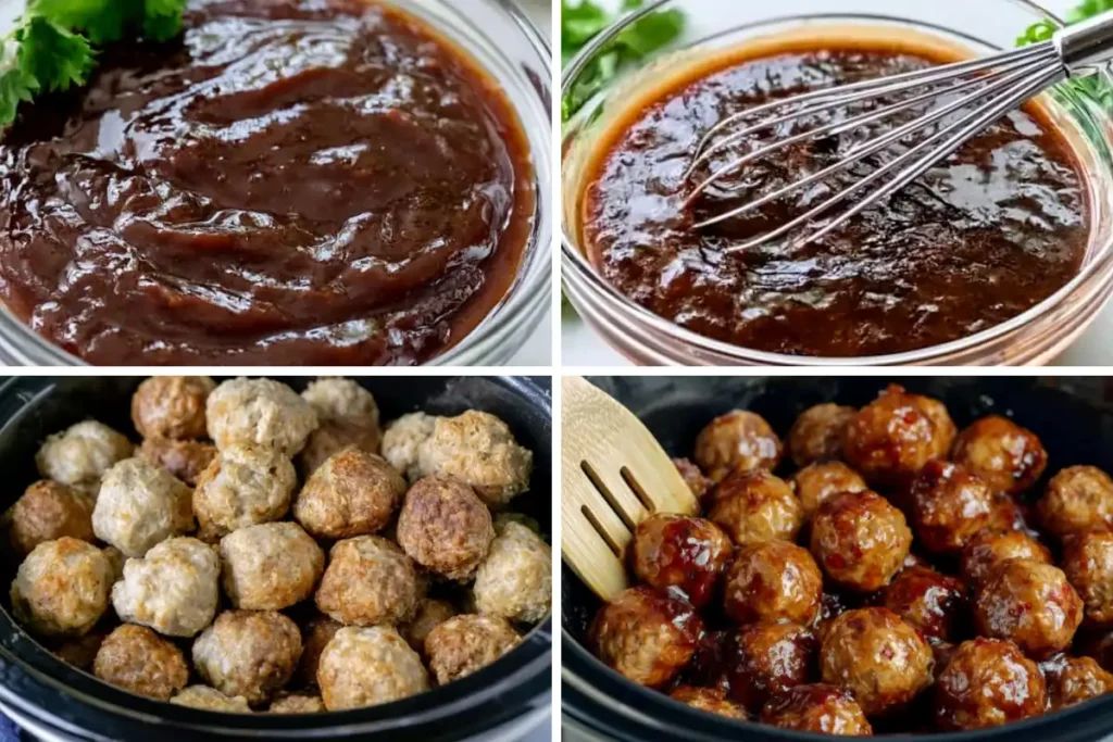 Honey BBQ Crockpot Meatballs for an Easy Party Appetizer 3 Honey BBQ Crockpot Meatballs preparation steps with mixed sauce and meatballs in the slow cooker