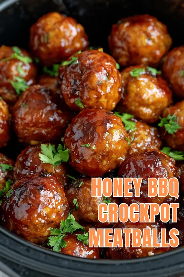 Honey BBQ Crockpot Meatballs for an Easy Party Appetizer 5 Honey BBQ Crockpot Meatballs recipe with glossy barbecue honey sauce and parsley