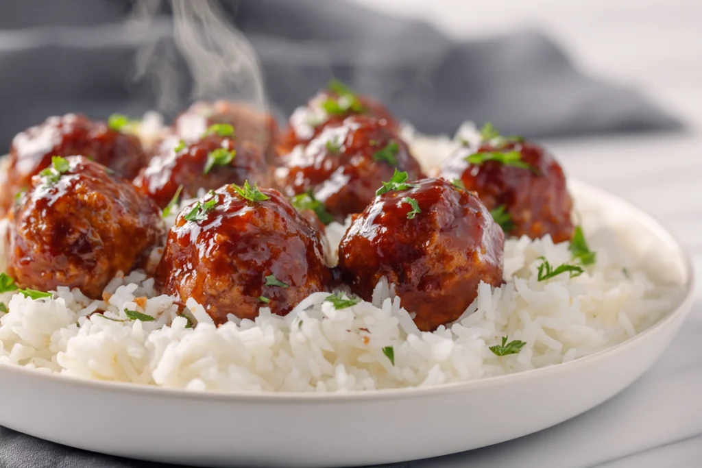 Honey BBQ Crockpot Meatballs served over rice, garnished with parsley and a glossy BBQ sauce.