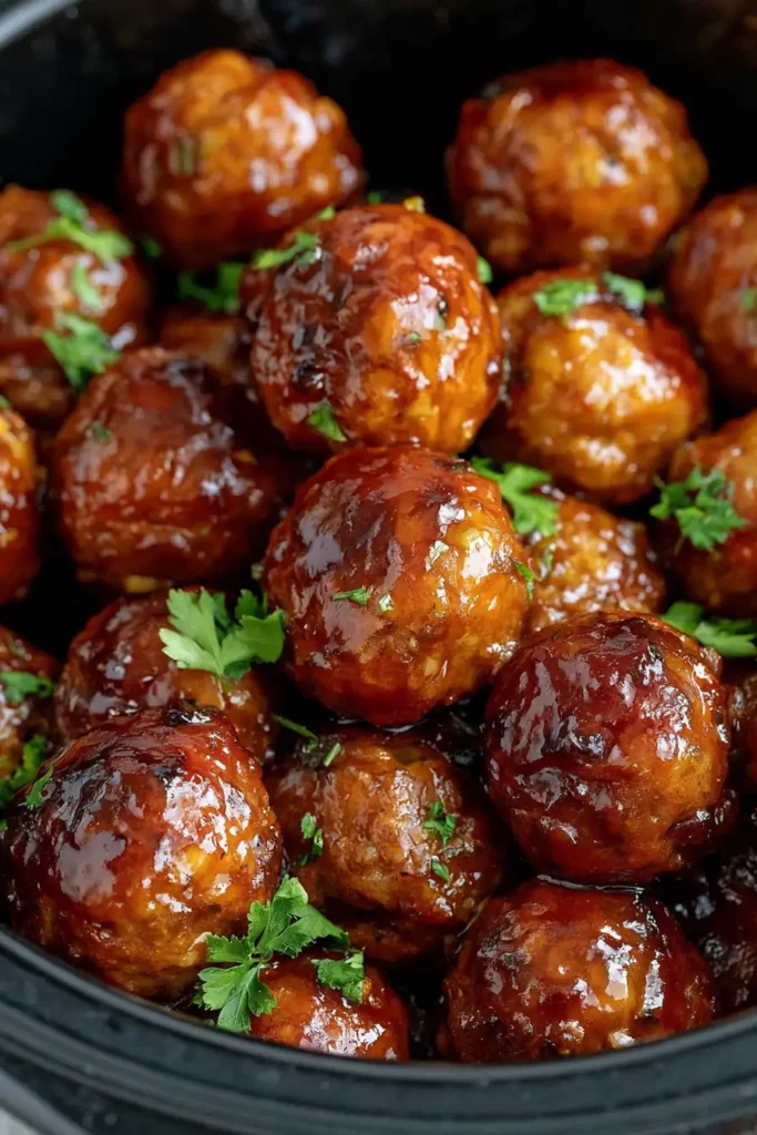 Honey BBQ Crockpot Meatballs for an Easy Party Appetizer 2 Honey BBQ Crockpot Meatballs coated in glossy sauce inside a black slow cooker