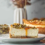 slice of Honey Cheesecake Baklava with flaky phyllo layers and honey drizzle