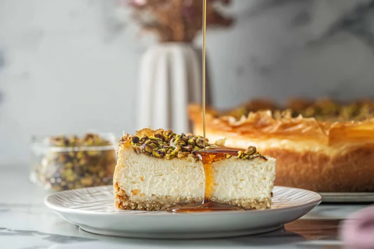 slice of Honey Cheesecake Baklava with flaky phyllo layers and honey drizzle