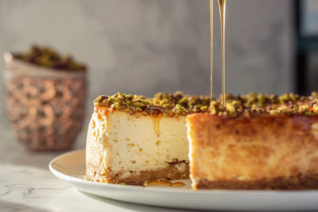honey syrup drizzling over baked Honey Cheesecake Baklava
