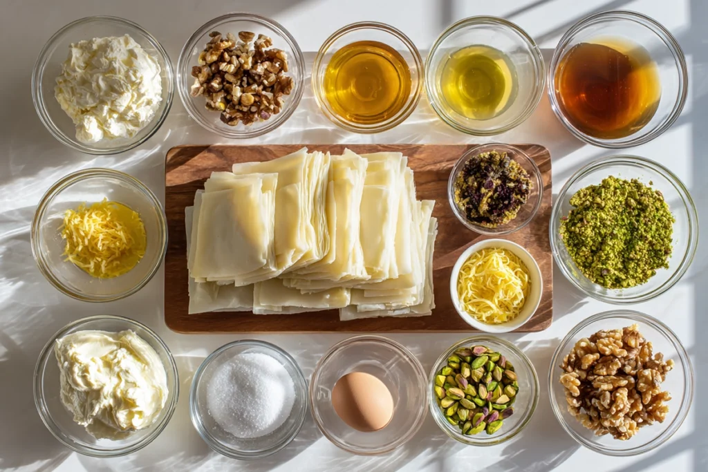 overhead ingredients layout for Honey Cheesecake Baklava including nuts, honey, and phyllo