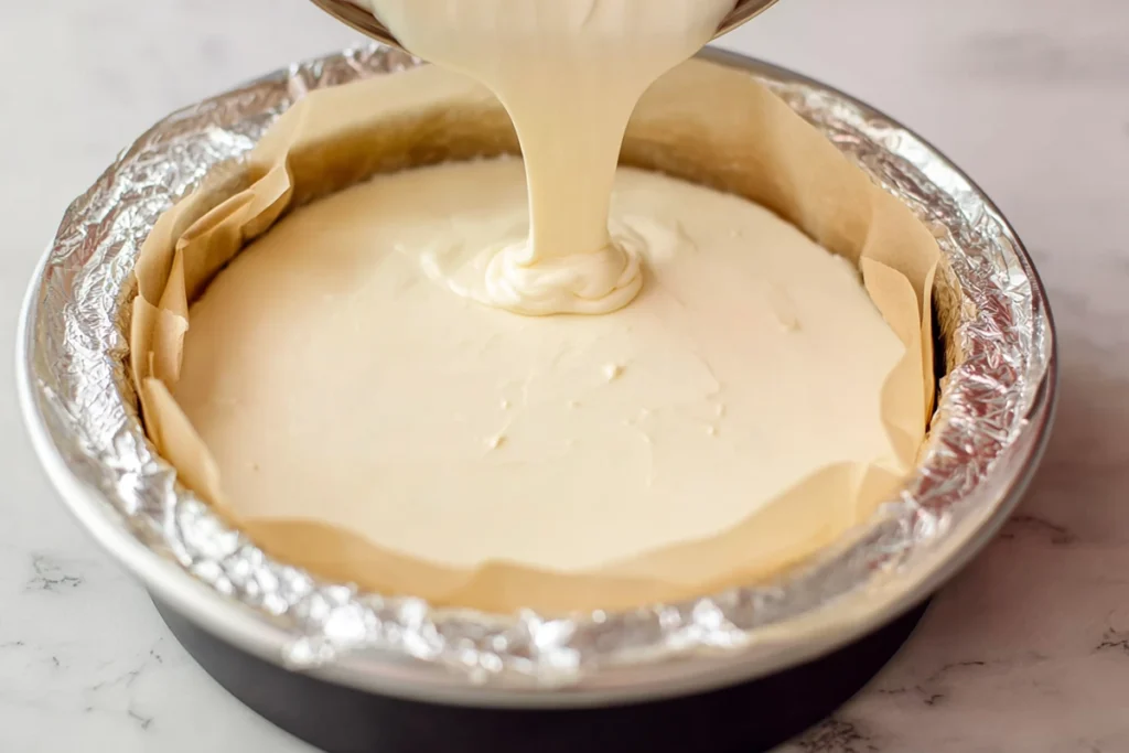 cheesecake filling being poured into phyllo crust for Honey Cheesecake Baklava