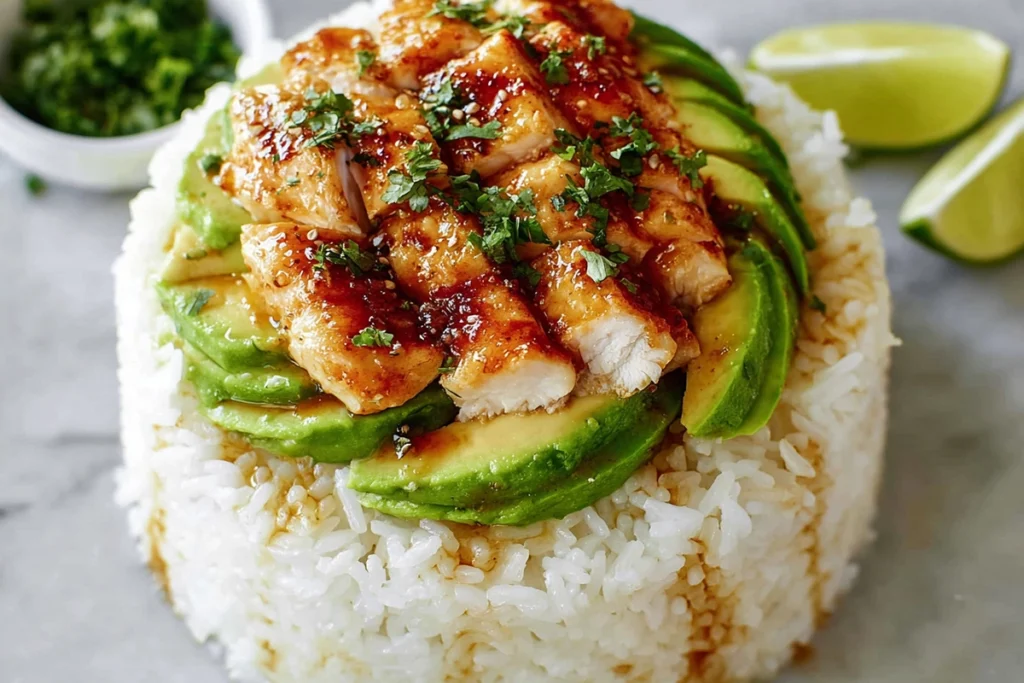 Overhead view of Honey Lime Chicken Avocado Rice Stack being assembled in ring mold