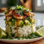 Honey Lime Chicken Avocado Rice Stack plated on modern countertop in bright natural light