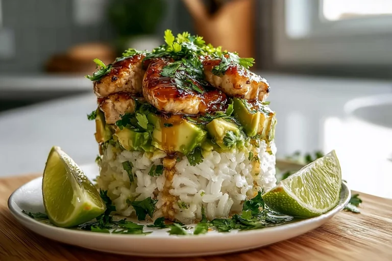 Honey Lime Chicken Avocado Rice Stack plated on modern countertop in bright natural light
