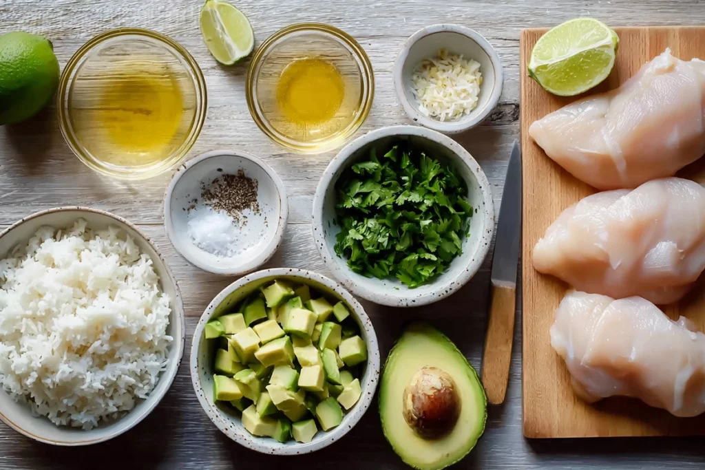 Overhead ingredients layout for Honey Lime Chicken Avocado Rice Stack in modern kitchen