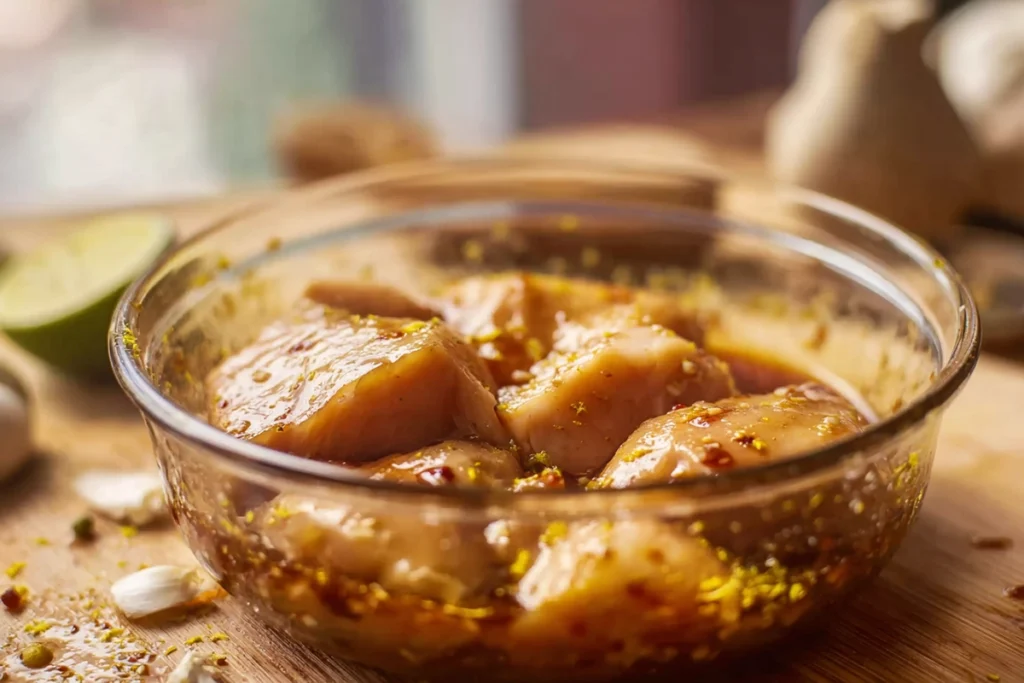 Macro view of honey-lime marinated chicken for Honey Lime Chicken Avocado Rice Stack