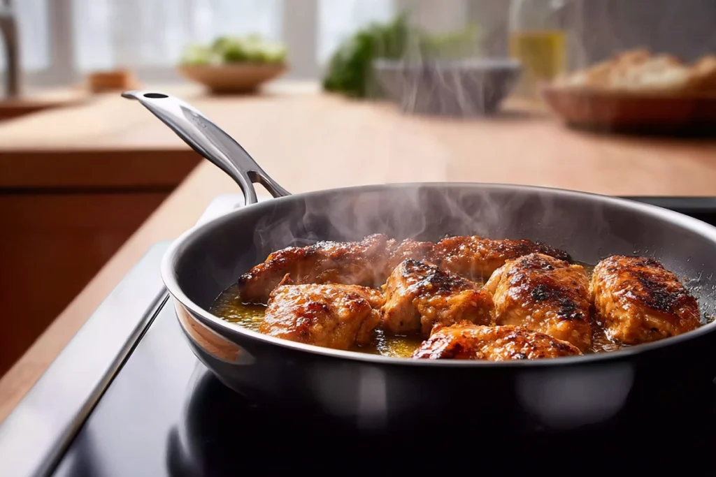 Honey-lime chicken searing in skillet for Honey Lime Chicken Avocado Rice Stack
