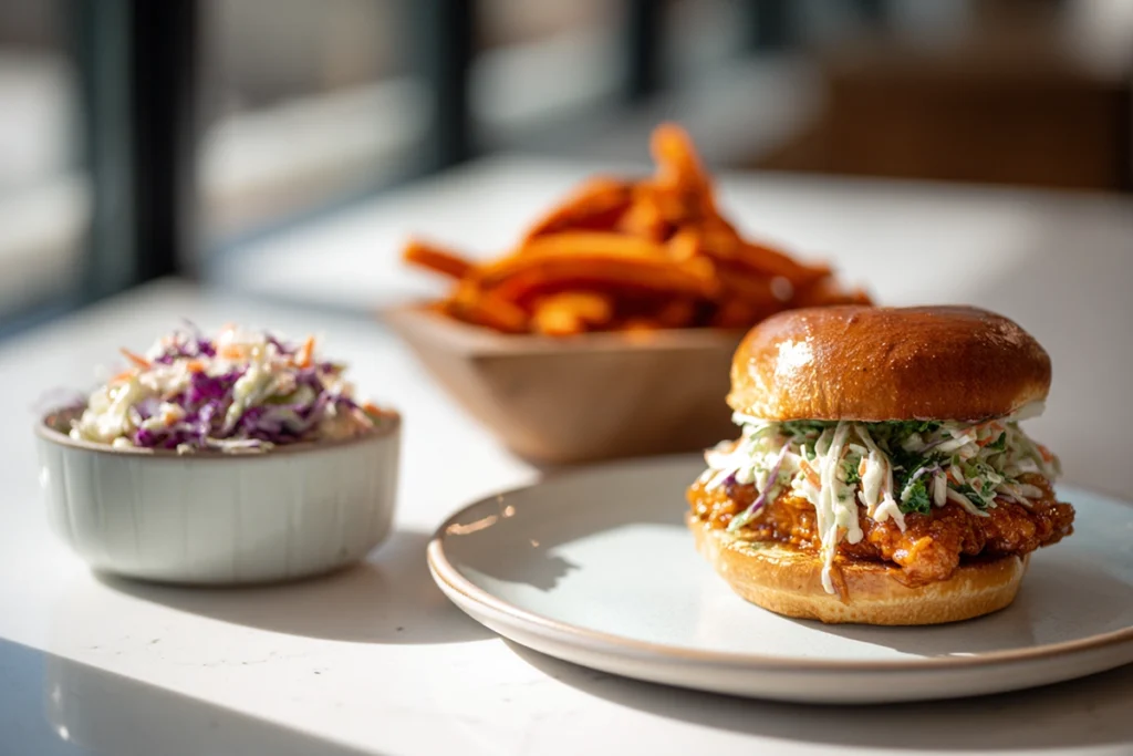 : Serving ideas for Slow Cooker Hot Honey Chicken Sandwiches with slaw and fries