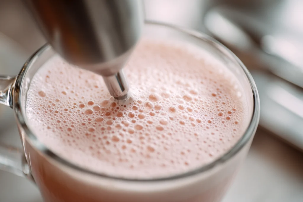 Cherry cold foam being frothed for Iced Cherry Chai Starbucks Copycat in modern kitchen