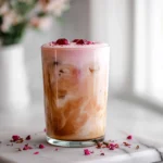 Finished Iced Cherry Chai Starbucks Copycat drink with cherry cold foam in modern kitchen