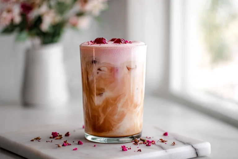 Finished Iced Cherry Chai Starbucks Copycat drink with cherry cold foam in modern kitchen