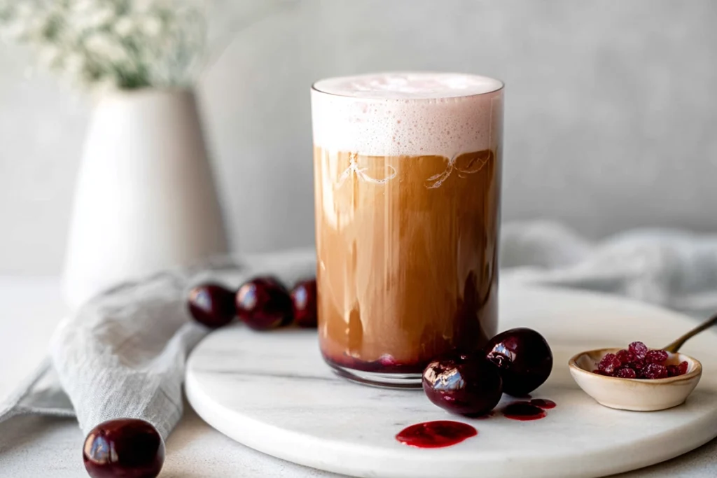 Served Iced Cherry Chai Starbucks Copycat with cherry toppings in bright modern kitchen