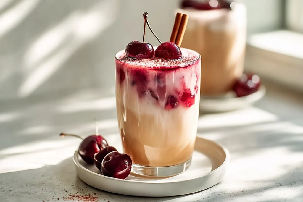 Iced Cherry Earl Grey Milk Tea with ice cubes, fresh cherries, and cinnamon stick, served in a tall glass
