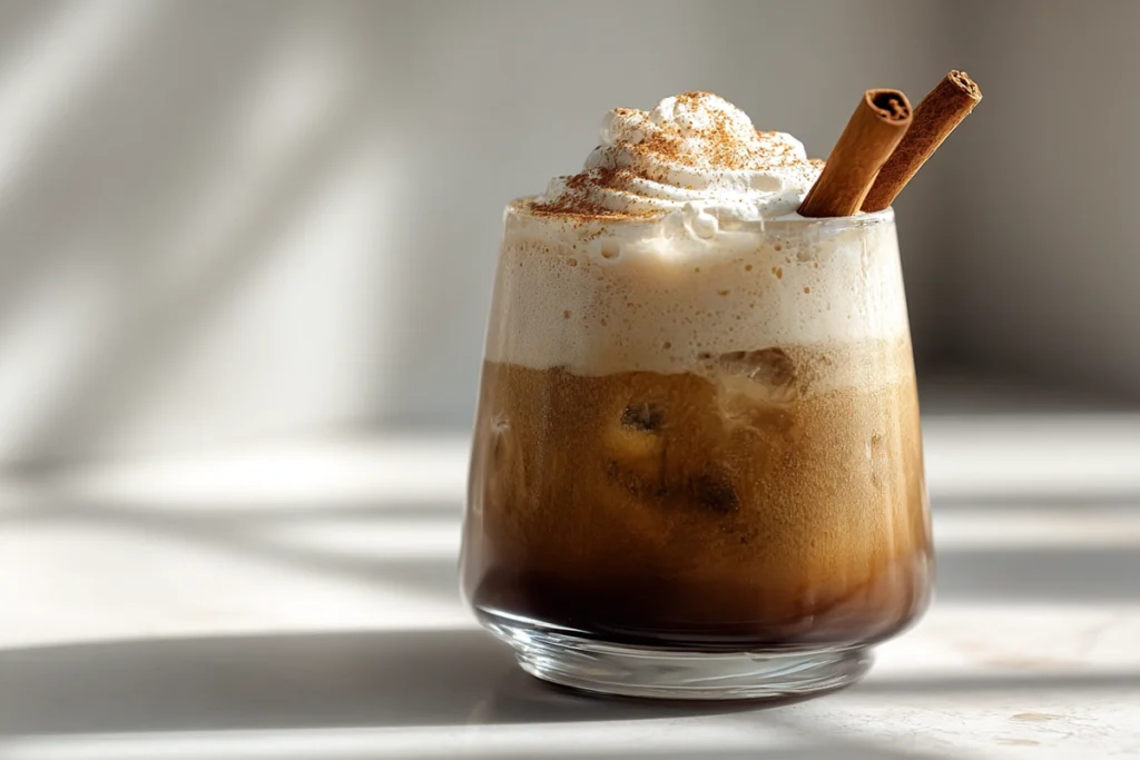 Final Iced Mexican Coffee Mocha served with whipped cream and cinnamon garnish