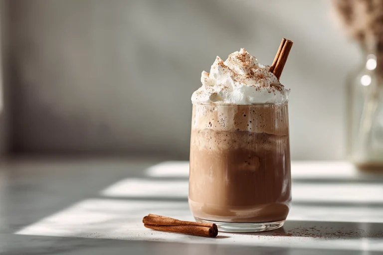 Iced Mexican Coffee Mocha topped with whipped cream and cinnamon stick in a modern kitchen setting