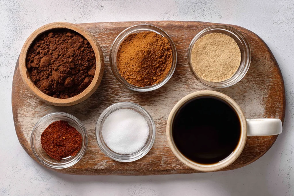 Main ingredients for Iced Mexican Coffee Mocha arranged on a wooden board