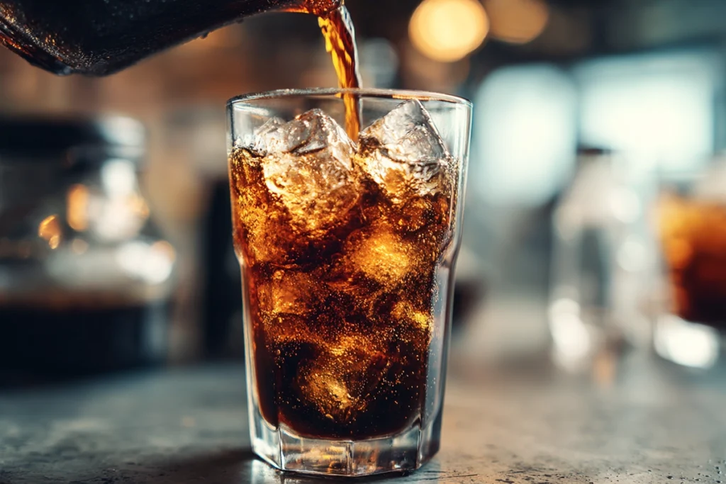 Pouring brewed coffee into a glass filled with ice for Iced Mexican Coffee Mocha