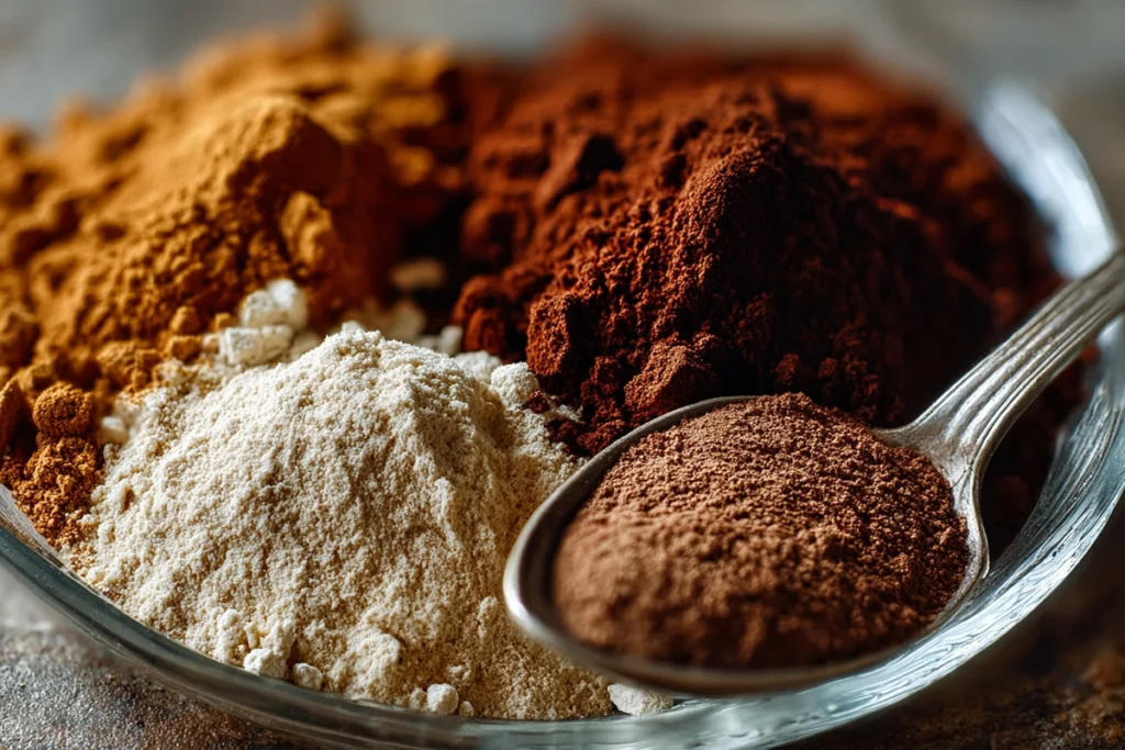 Close-up of cocoa, cinnamon, and cayenne pepper mix for Iced Mexican Coffee Mocha