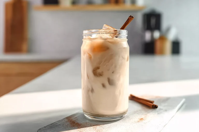 iced vanilla chai latte hero shot in modern kitchen