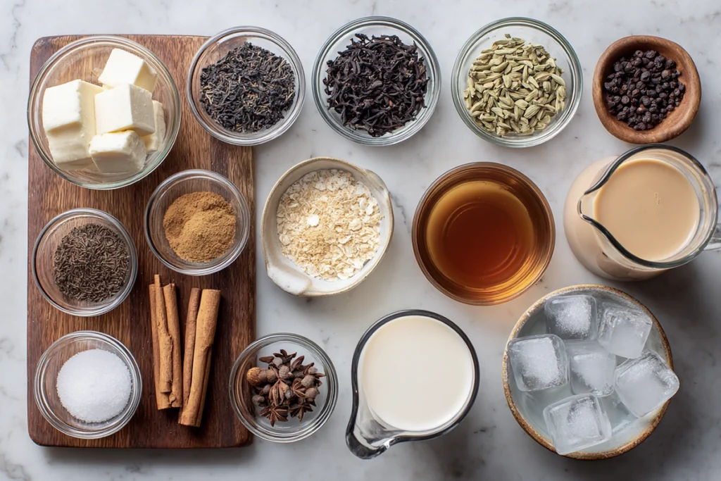 iced vanilla chai latte ingredients arranged in glass bowls