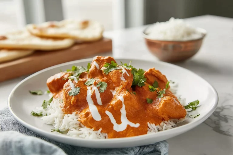 Indian Butter Chicken plated on a modern white plate with creamy tomato butter sauce