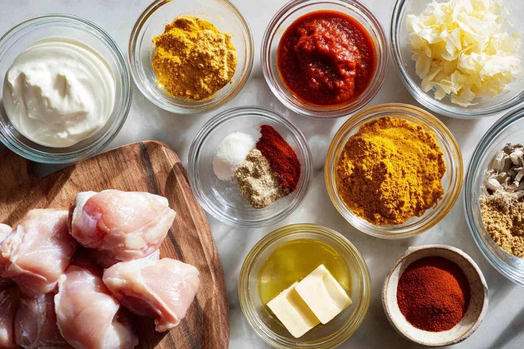 Overhead image of Indian Butter Chicken ingredients arranged in bowls on a kitchen counter